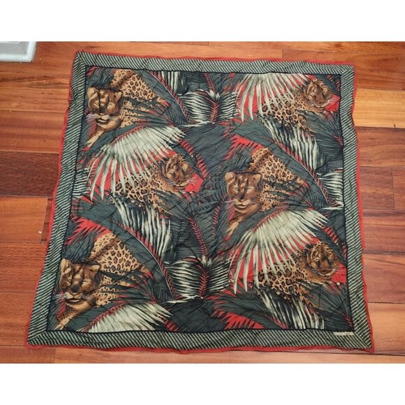 Ellen Tracy 34” Square Scarf Leopard Jungle Print Tropical Boho Wrap Shawl - Picture 2 of 8